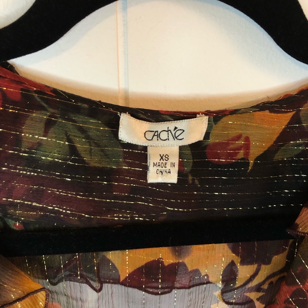 Cache Foliage Colors Sheer Floral Ruffle Blouse with Metallic Stripe XS - Picture 6 of 6